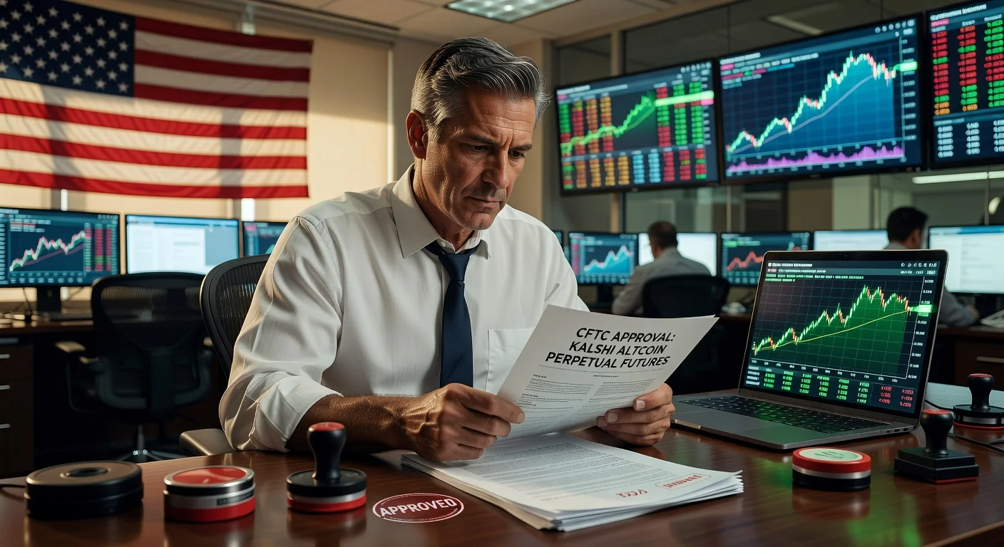 Illustration depicting Kalshi's CFTC approval for altcoin perpetual futures in a trading office setting.