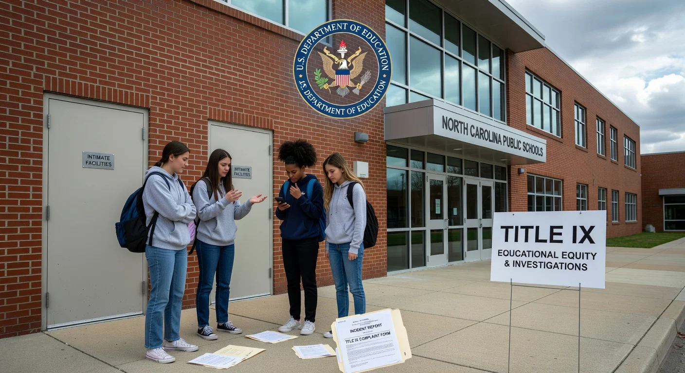 Illustration of a North Carolina school under federal Title IX investigation regarding facilities access.