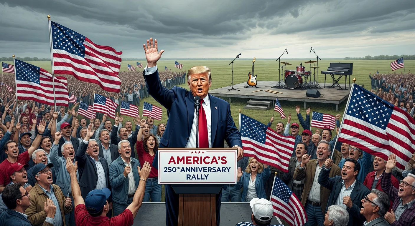 Donald Trump proposing a rally at the 250th anniversary event with an empty concert stage visible behind.