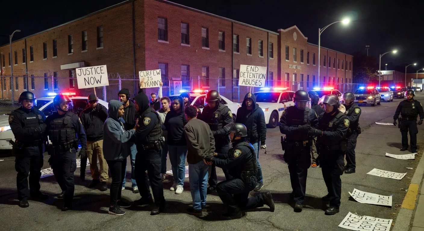 Police arresting protesters outside an ICE facility in Newark at night.