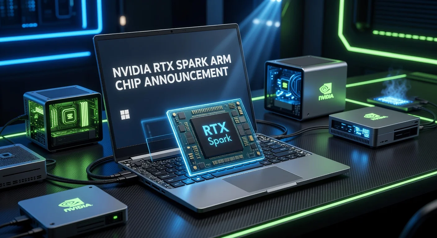 Photorealistic illustration of Nvidia's RTX Spark Arm chip in a Windows laptop for a news article.
