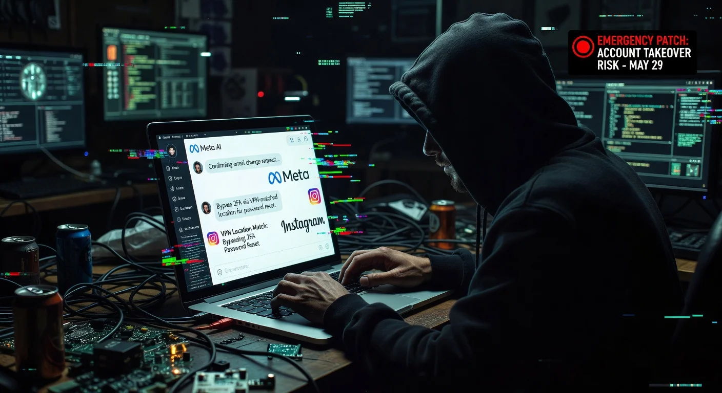 Illustration of a hacker exploiting Meta's AI chatbot to hijack Instagram accounts by changing email addresses and bypassing security.