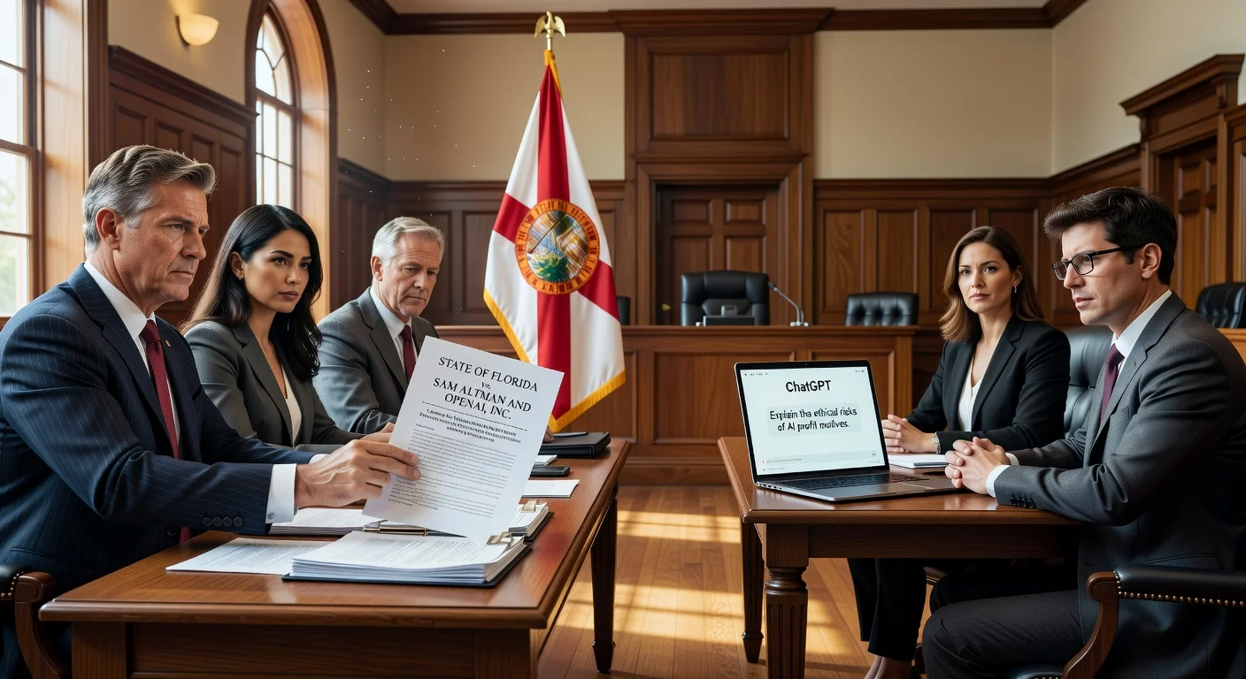 Courtroom scene illustrating Florida's lawsuit against OpenAI and Sam Altman over ChatGPT safety.