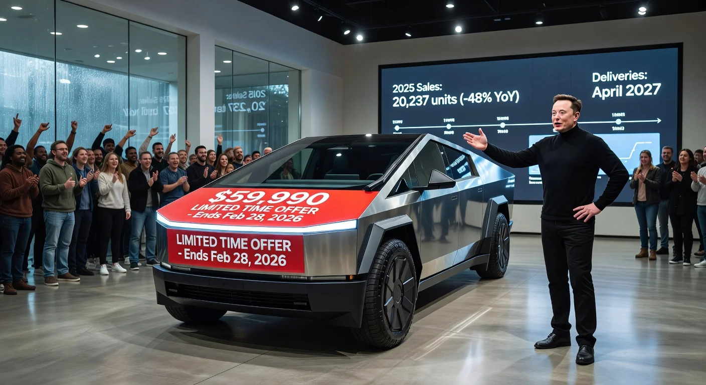 Photorealistic illustration of discounted Tesla Cybertruck in showroom with sales stats and demand queue for news article.