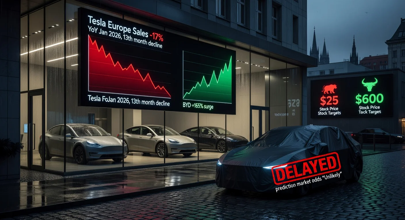 Photorealistic illustration of a desolate Tesla showroom in Europe showing sales decline graphs, robotaxi delay, and contrasting BYD growth for news article.
