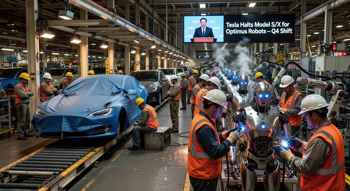 Tesla Fremont factory assembly line transitioning from covered Model S/X vehicles to active Optimus robot production, with Elon Musk announcement on screen.