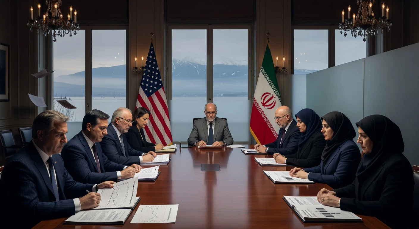 U.S. and Iranian diplomats in tense indirect nuclear talks separated by a partition in a Geneva conference room, with flags and documents on the table.