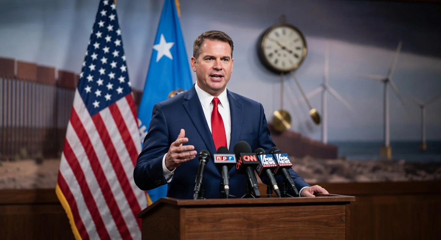 Oklahoma Gov. Kevin Stitt at podium, gesturing emphatically during NPR interview on GOP unity, immigration, and policy stability.