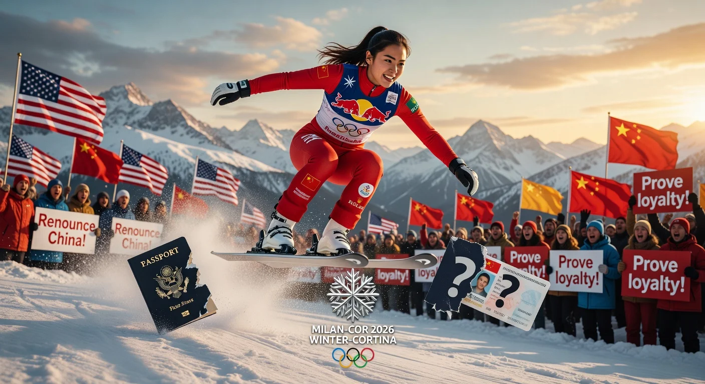 Eileen Gu in Chinese ski gear mid-jump, facing symbolic criticism from US and Chinese flags and protest signs over nationality and sponsorships for 2026 Olympics.