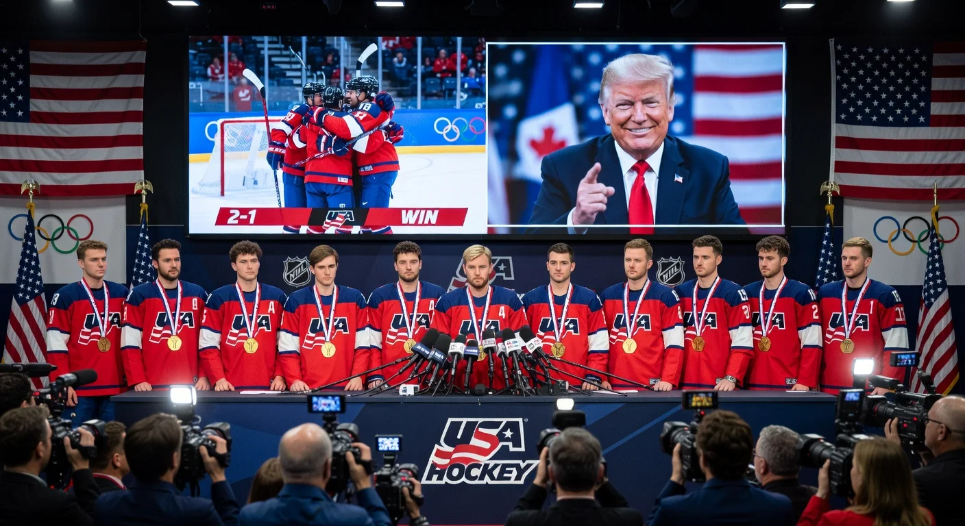 U.S. men's hockey team at press conference, holding Olympic gold medals and addressing Trump call controversy after victory over Canada.