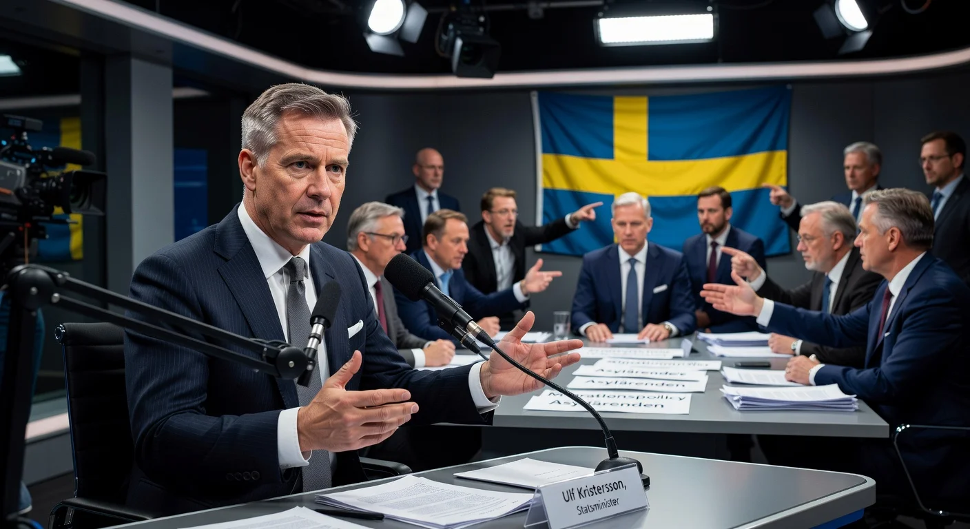 Swedish PM Ulf Kristersson in serious TV interview on teen deportations amid migration policy tensions.