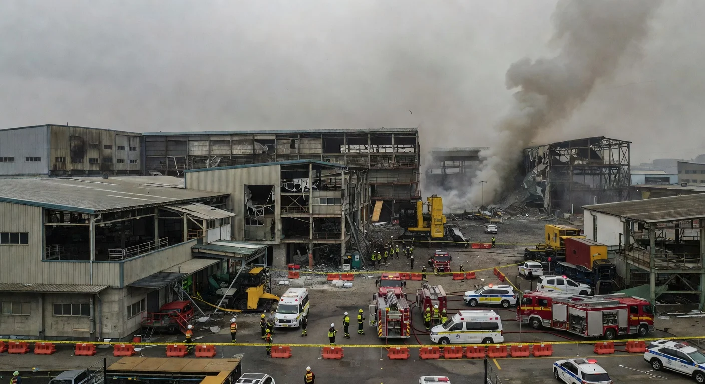 Damaged Hanwha Aerospace factory in Daejeon with smoke, barriers, and emergency responders after a deadly explosion.