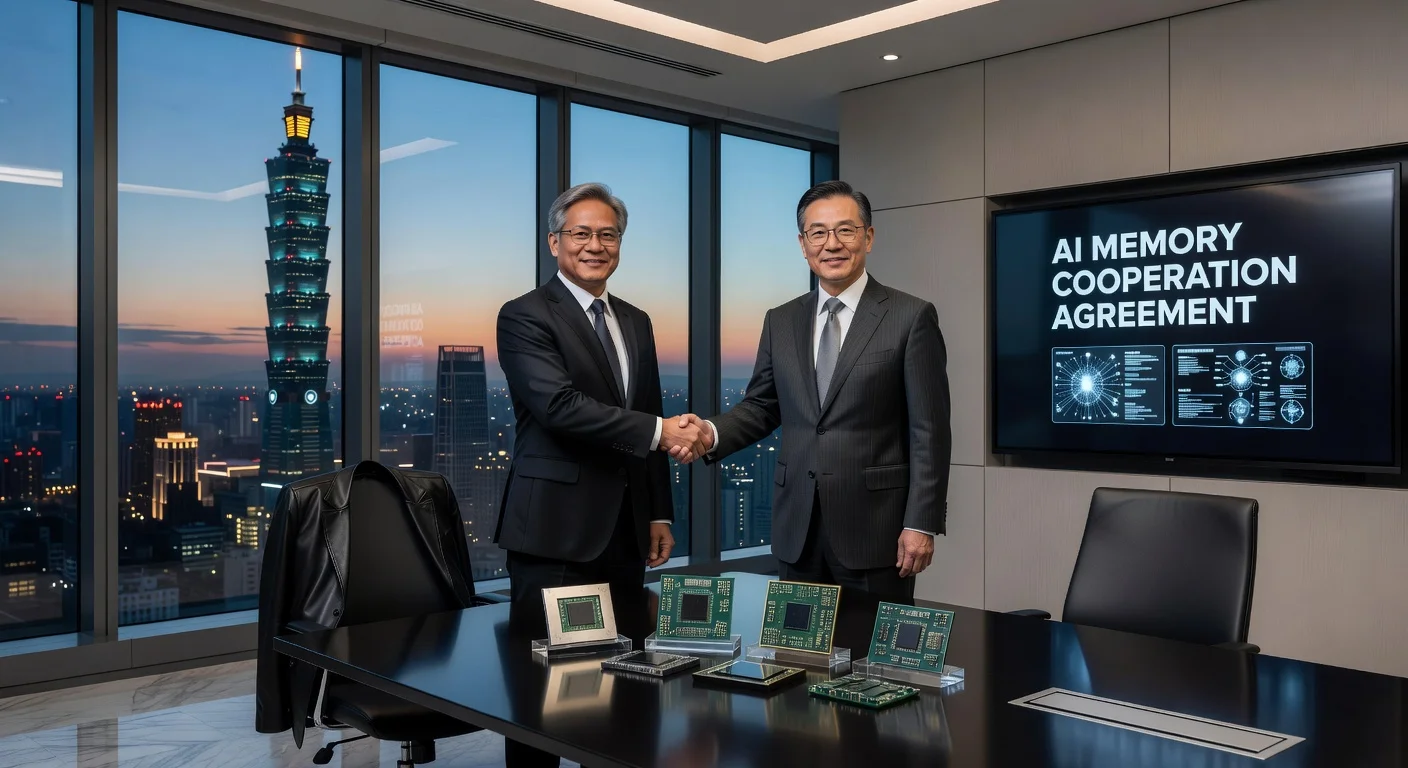 Nvidia CEO Jensen Huang shaking hands with SK Group Chairman Chey Tae-won in a Taipei conference room.
