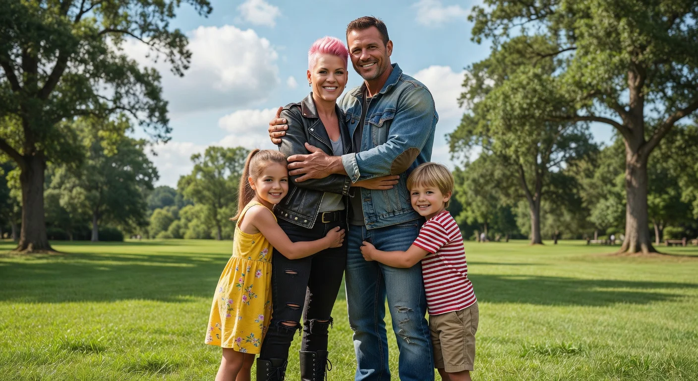 Pink and Carey Hart embrace lovingly with their children in a sunny park, smiling confidently as a united family denying separation rumors.