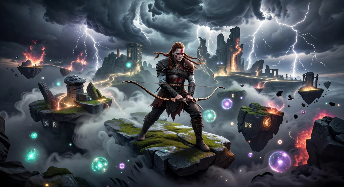 Faye from God of War Laufey exploring the Everywhen afterlife realm in a realistic style.