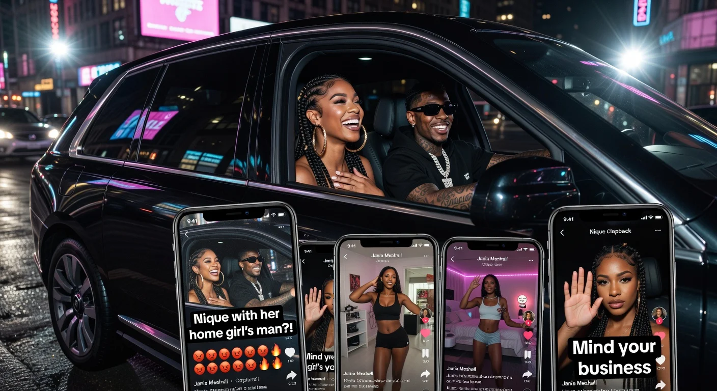 Paparazzi photo illustration of Nique riding in a car with NBA YoungBoy, overlaid with social media backlash comments accusing her of dating her friend's man, amid co-parent Jania Meshell's unbothered posts.