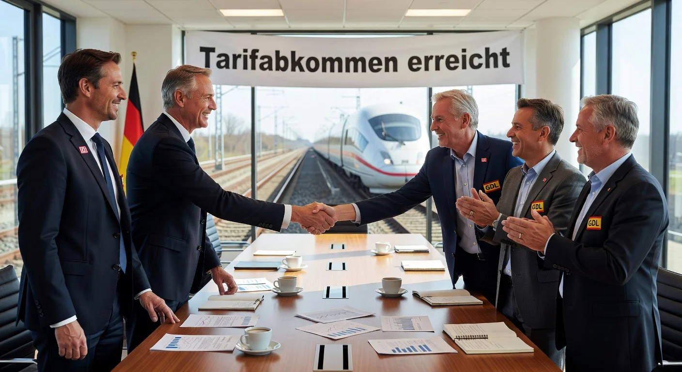 Deutsche Bahn and GDL union representatives shaking hands after reaching tariff agreement, averting strikes.