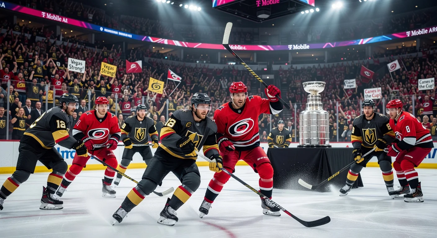 Illustration of Vegas Golden Knights and Carolina Hurricanes facing off in the Stanley Cup Final.