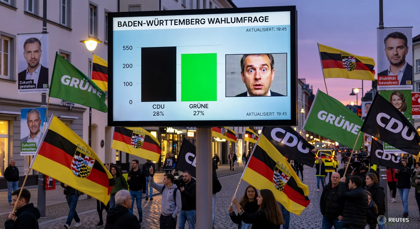 Dramatic poll graphic illustration depicting Greens (27%) nearly tying CDU (28%) in Baden-Württemberg election, with state flags, voters, and hint of CDU controversy.