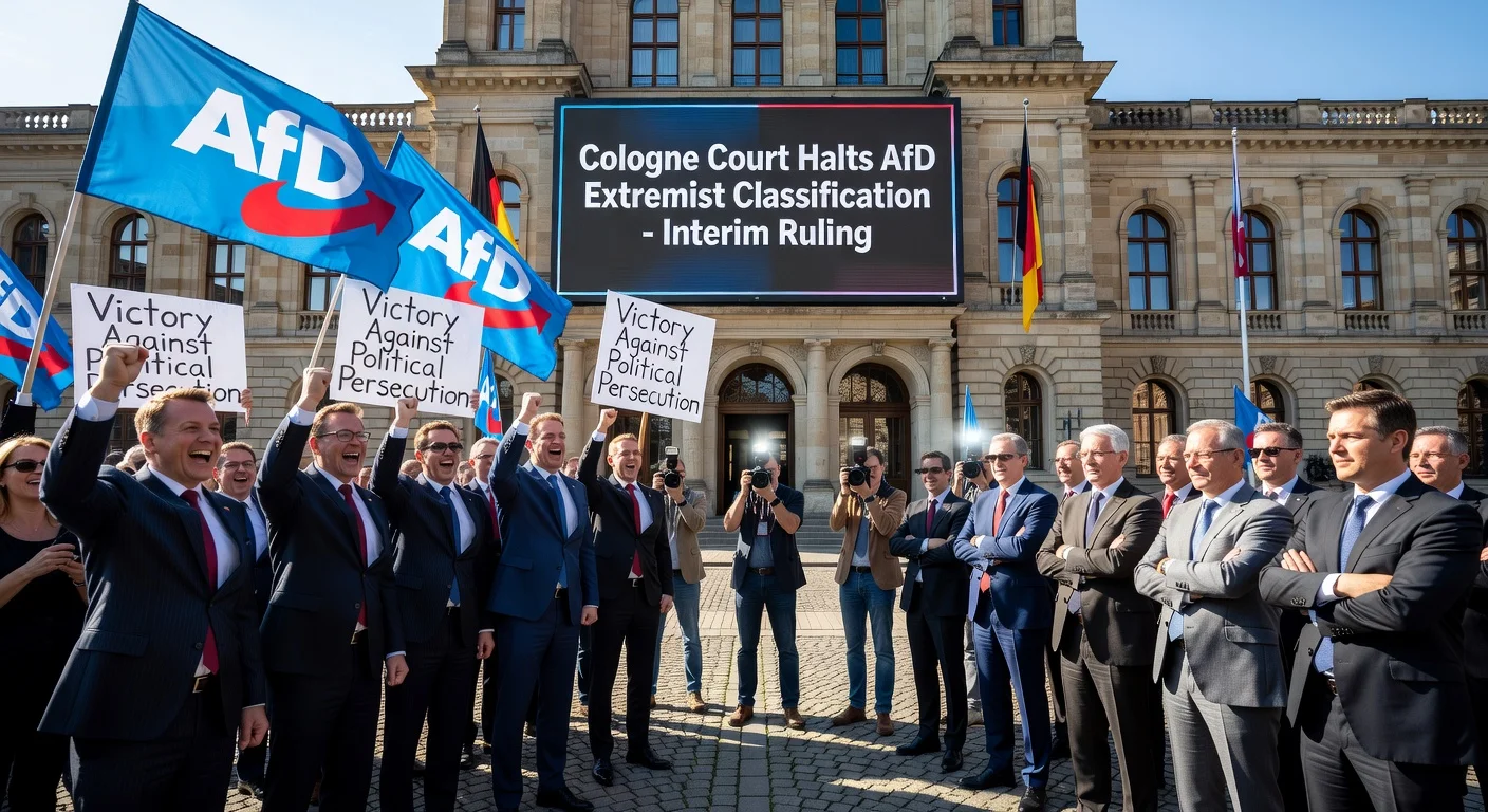 Realistic illustration of Cologne Administrative Court exterior with AfD supporters celebrating interim ruling against extremist classification, amid observing politicians.