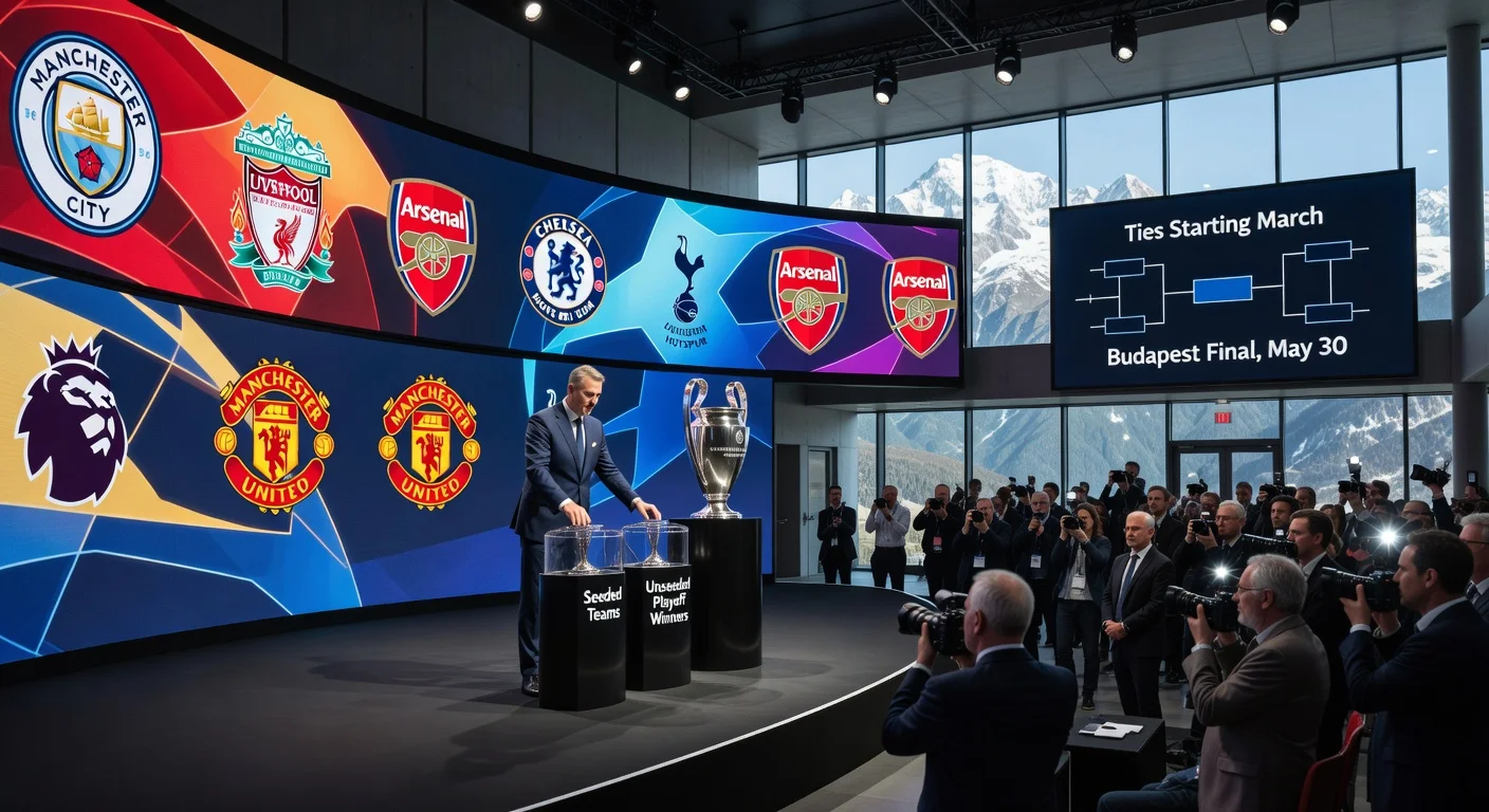 Illustration of UEFA Champions League round of 16 draw ceremony in Nyon, featuring officials drawing teams, screens with club logos, and the trophy.
