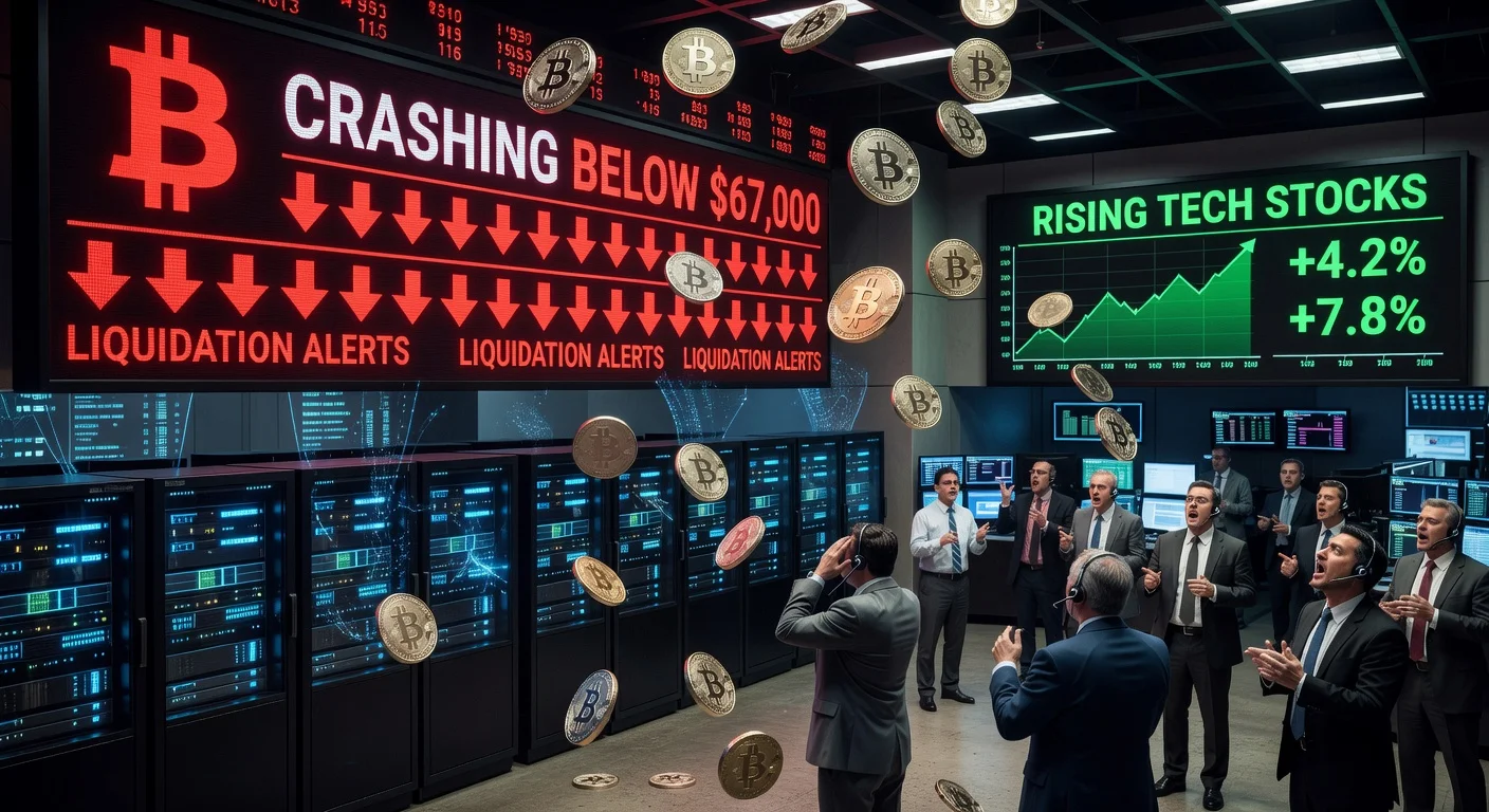Illustration of Bitcoin price crash amid rotation to AI stocks