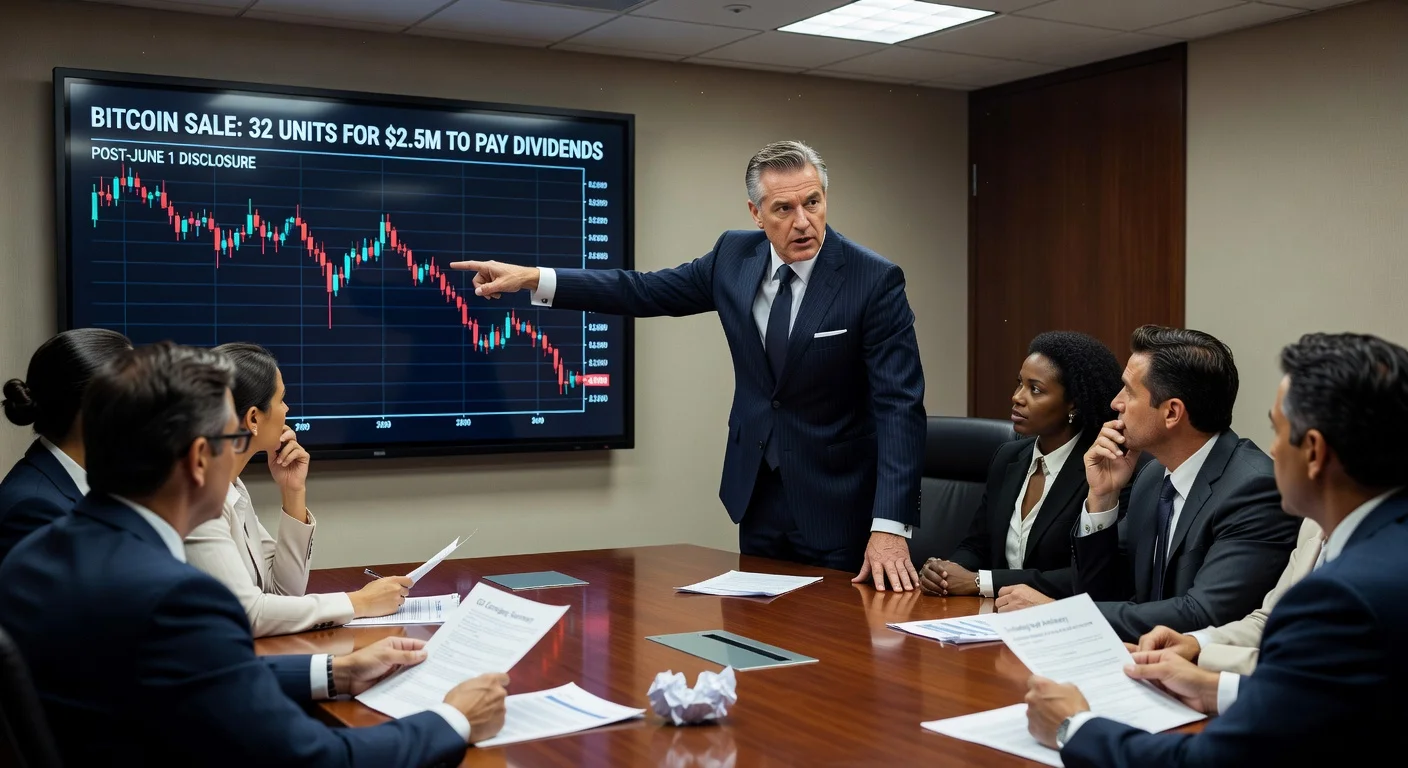 Illustration of a corporate executive reviewing Bitcoin sale transaction details on a screen in an office setting.