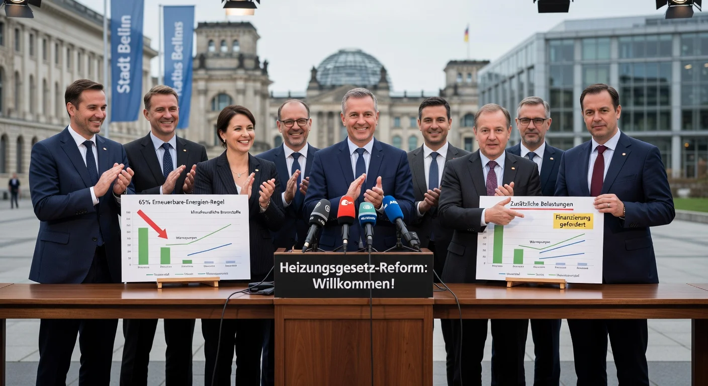 German municipal officials celebrate heating law changes at press conference, highlighting green energy transition and funding needs.