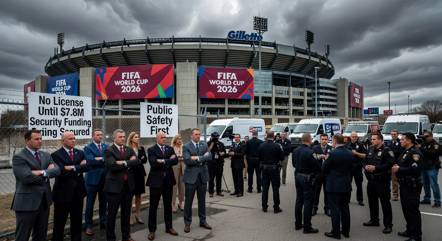 Illustration of Gillette Stadium in Foxborough amid FIFA World Cup 2026 license dispute over security funding.