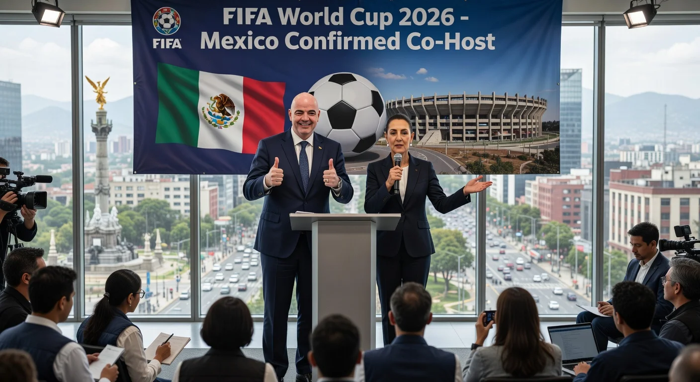 FIFA's Gianni Infantino and Mexico's Claudia Sheinbaum at press conference reaffirming 2026 World Cup co-hosting amid violence concerns.