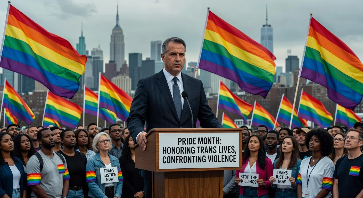 NYC Mayor Zohran Mamdani speaking at Pride event podium about transgender killings