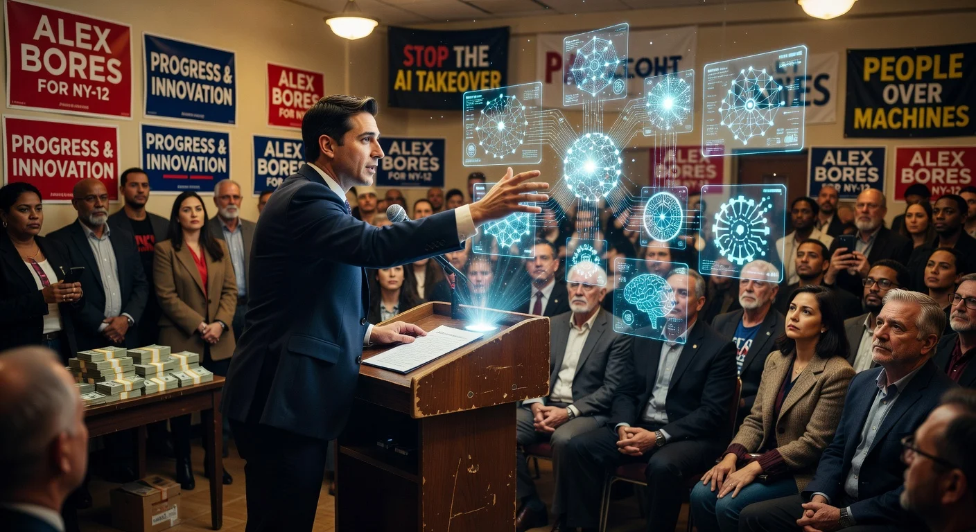 Alex Bores speaking about AI regulations at a crowded Manhattan campaign event with holographic AI visuals and campaign finance symbols in the background.