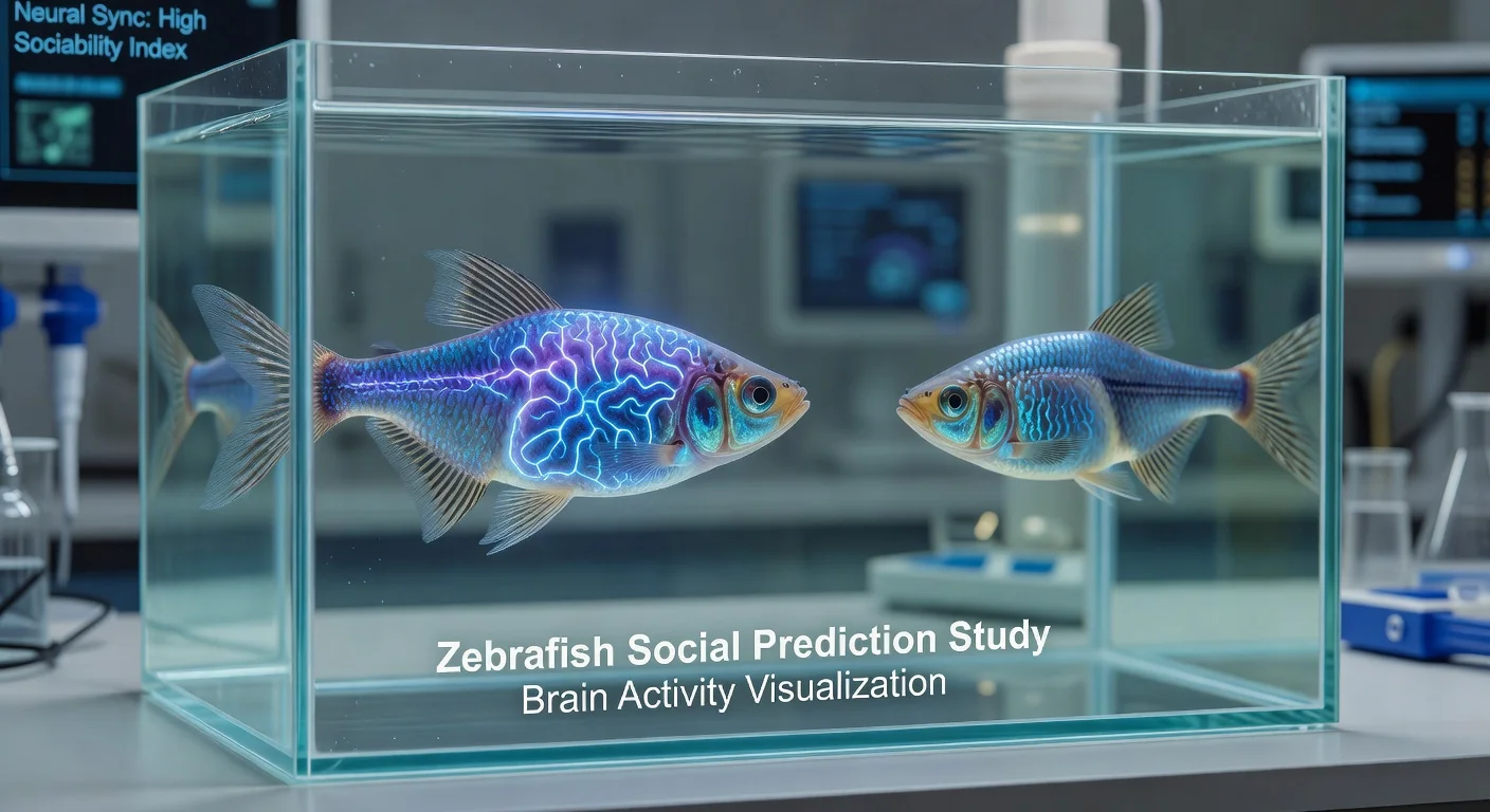Illustration of zebrafish with glowing brain activity patterns approaching another fish in an aquarium.