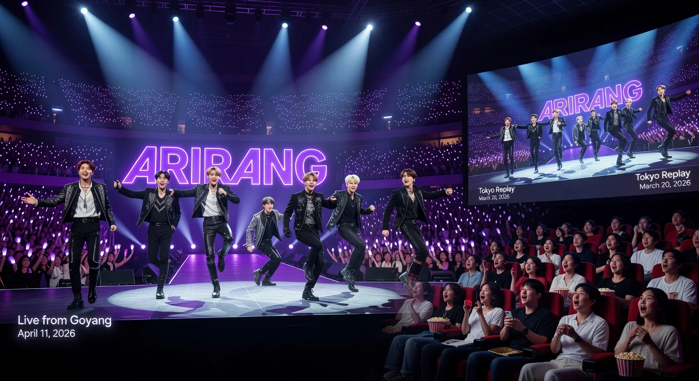 BTS performing live on stage for ARIRANG world tour, with theater screening elements, announcing their comeback.