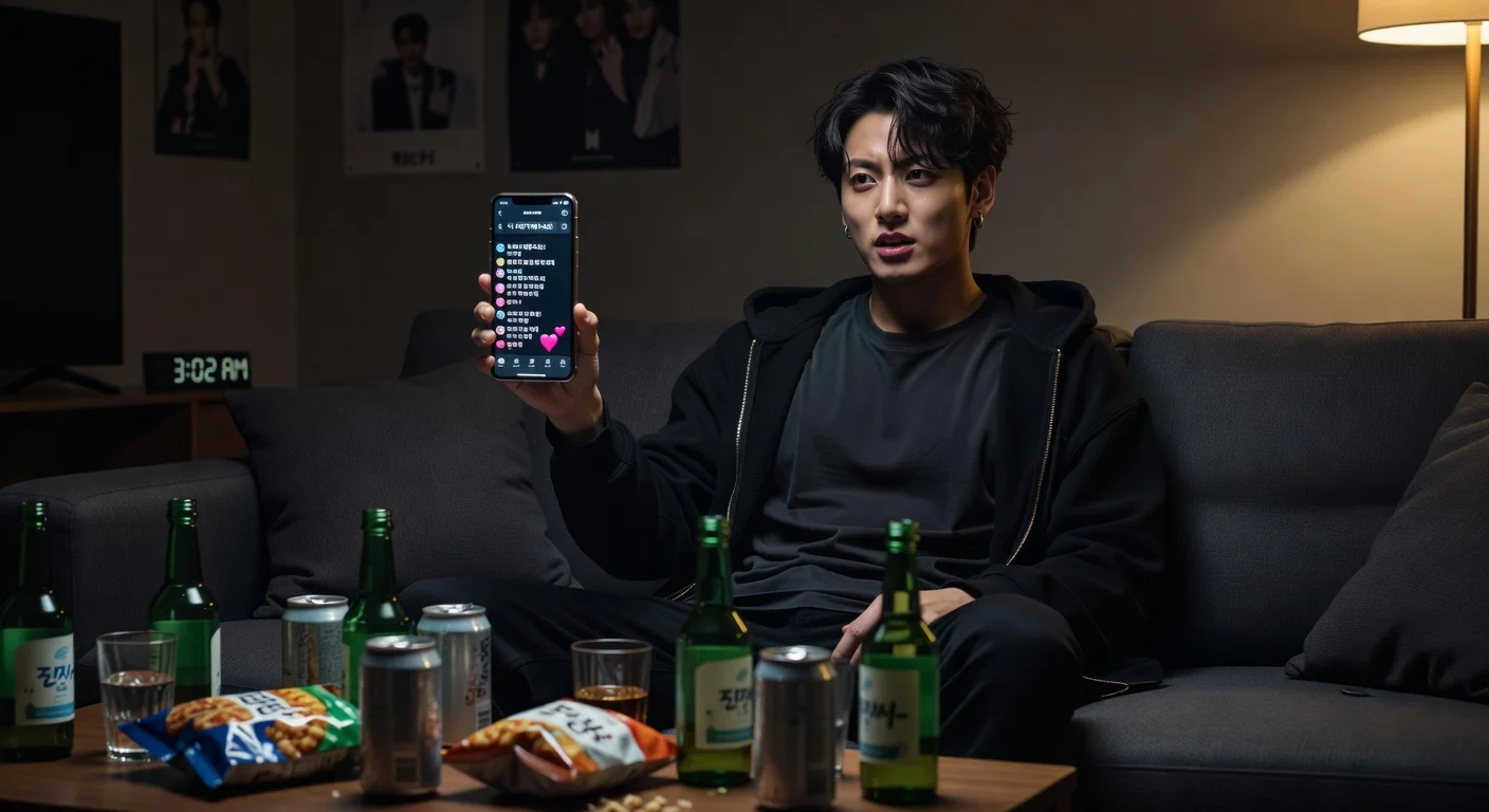 Realistic illustration of BTS Jungkook in a candid late-night Weverse livestream, phone in hand amid drinks and snacks, capturing controversy.
