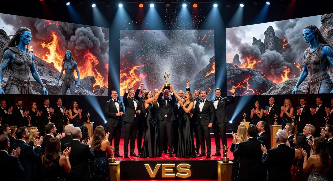 Photorealistic image of the Avatar: Fire and Ash team celebrating their top win at the 2026 VES Awards ceremony.