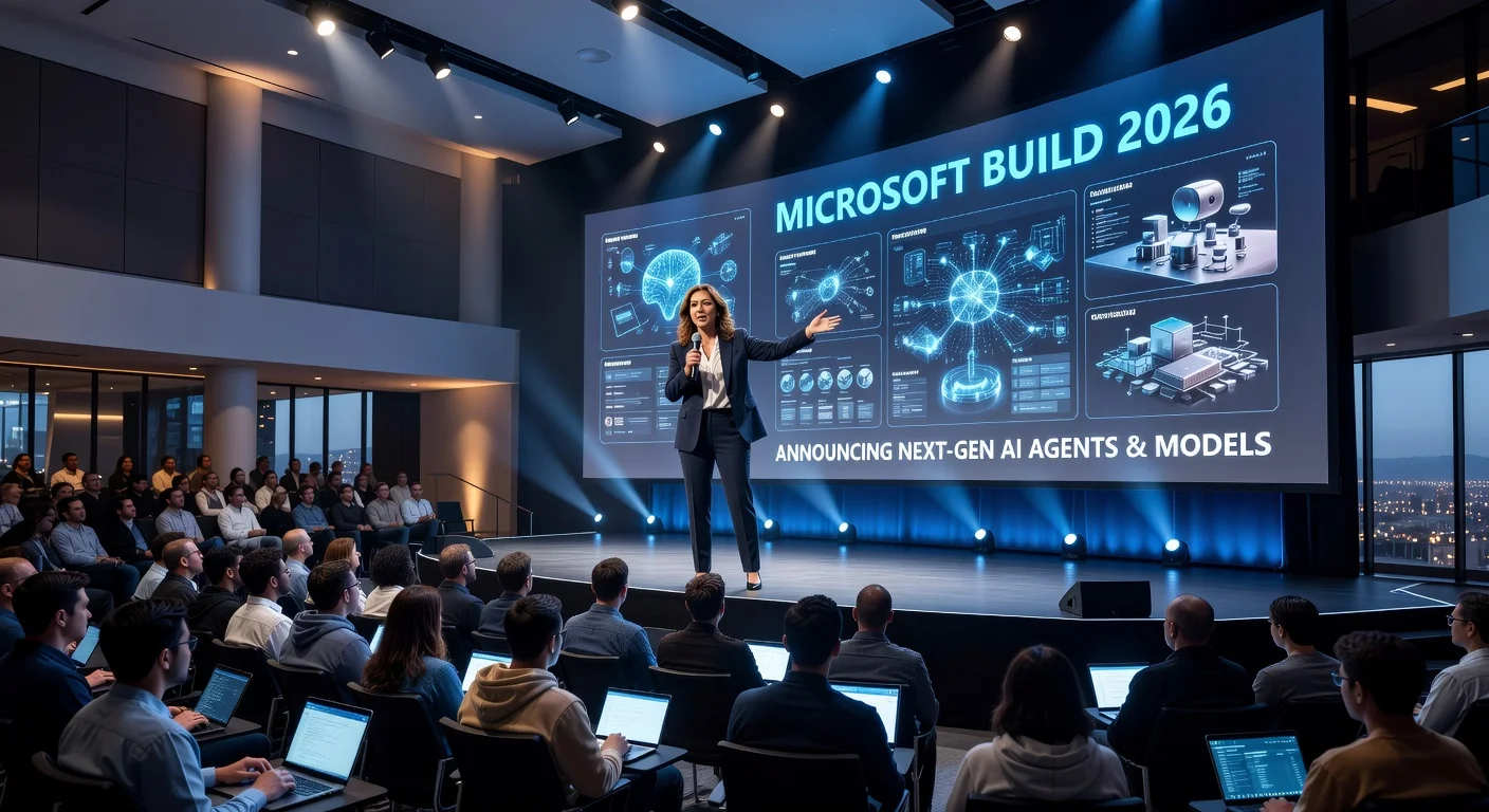 Microsoft's Build 2026 keynote presentation on AI agents and models in San Francisco.