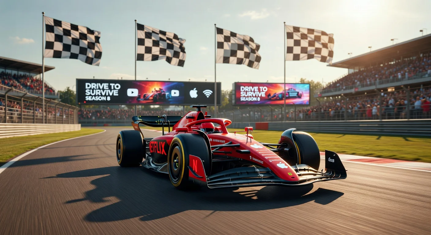 Dynamic photo-realistic illustration of a Formula 1 car branded with Apple and Netflix logos racing at the Canadian Grand Prix, symbolizing their streaming partnership.