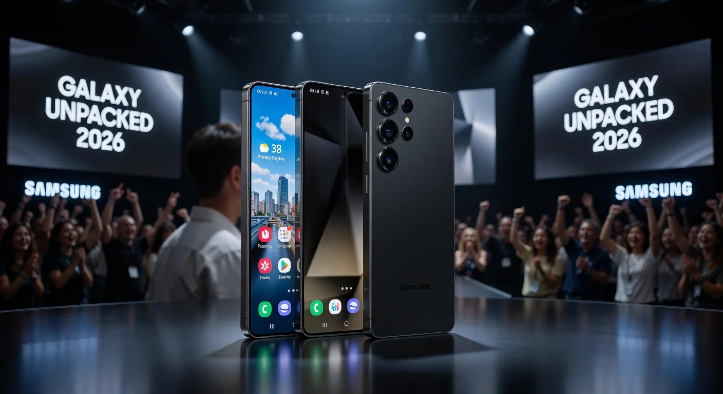 Samsung Galaxy S26 Ultra smartphone on stage at Galaxy Unpacked 2026, demonstrating Privacy Display feature blocking side-view snooping.