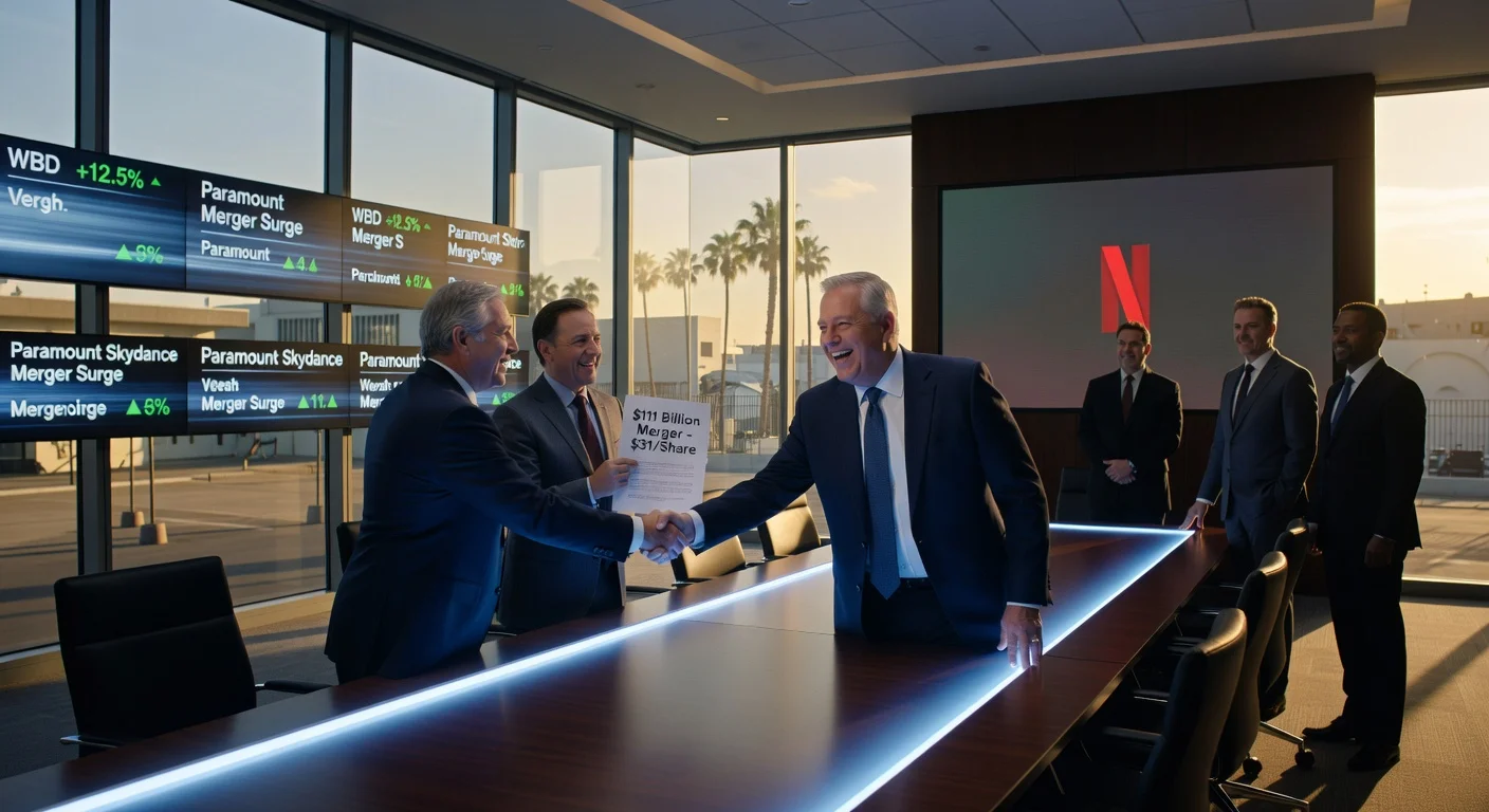 Illustration of Netflix bowing out of Warner Bros. Discovery bidding war, clearing path for $111B Paramount Skydance merger.