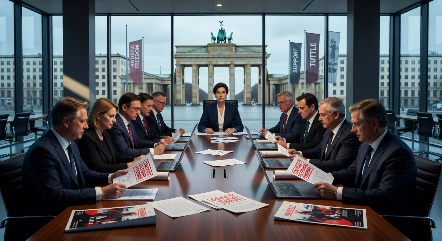 Illustration of Berlinale director Tricia Tuttle at a pivotal governing body meeting amid controversy over her contract and artistic freedom.