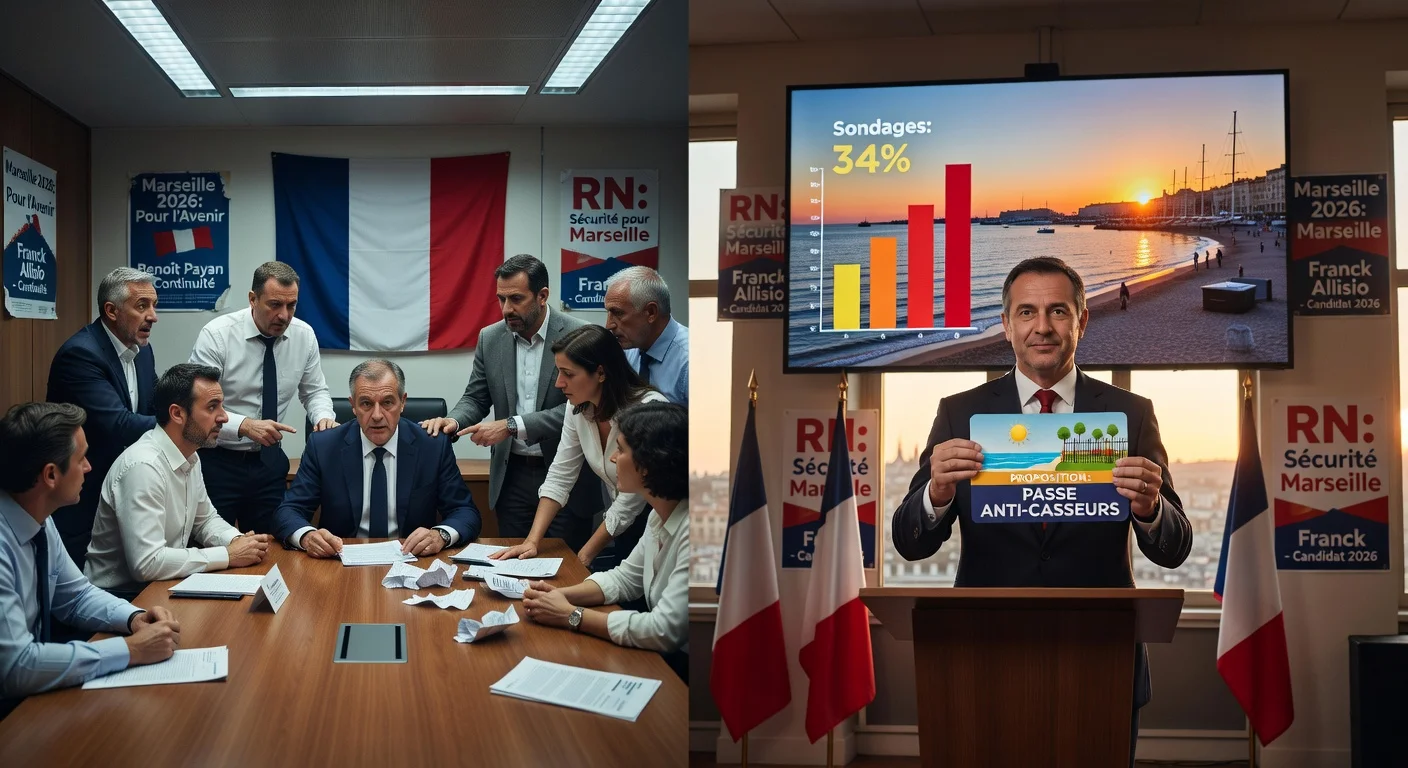 Split-scene photo illustration of tensions in Benoît Payan's left-wing camp and Franck Allisio's controversial RN proposals in Marseille elections.