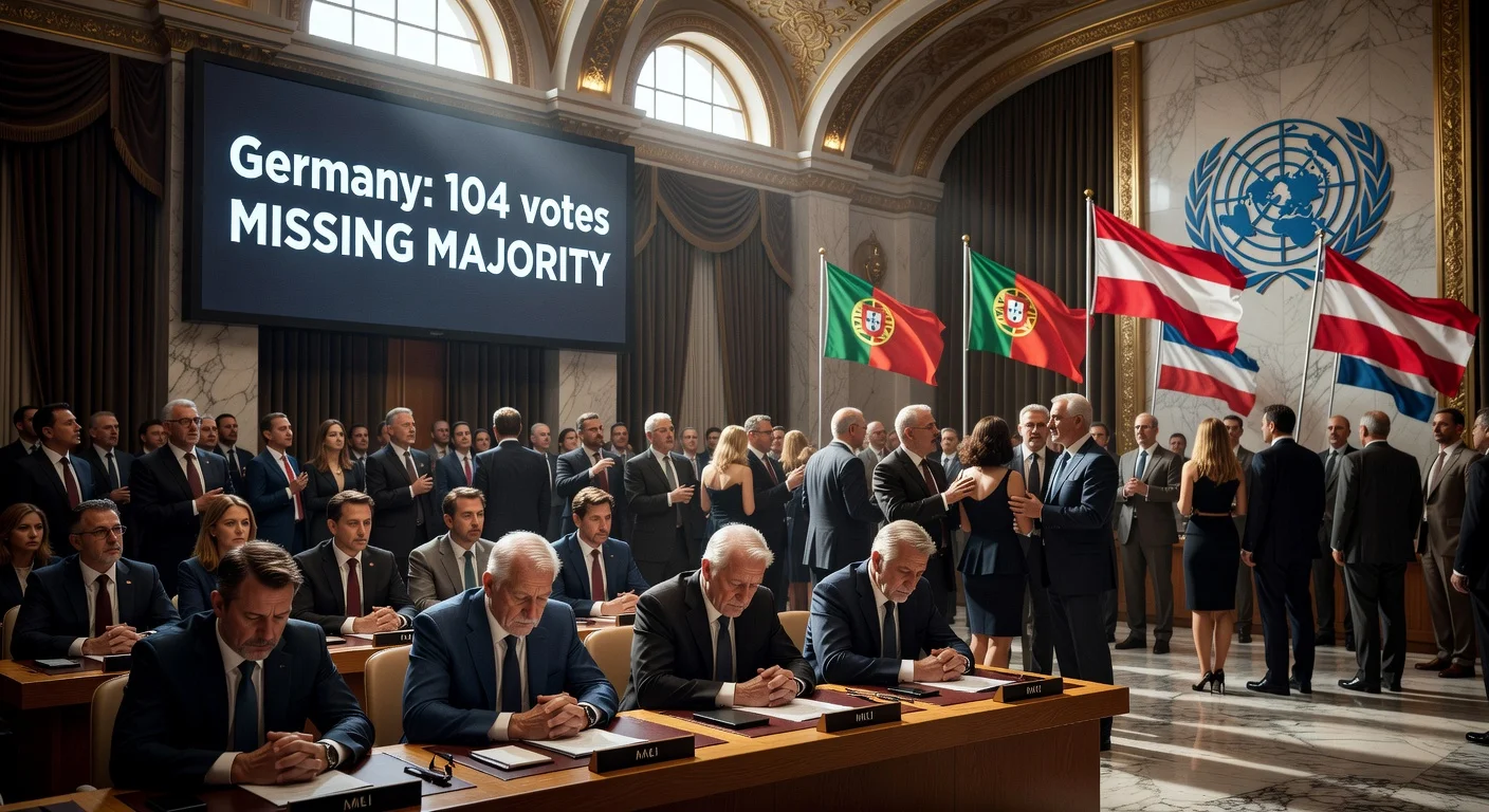 Illustration of Germany's failed UN Security Council bid showing disappointed German delegates contrasted with victorious Portuguese and Austrian representatives in the UN chamber.