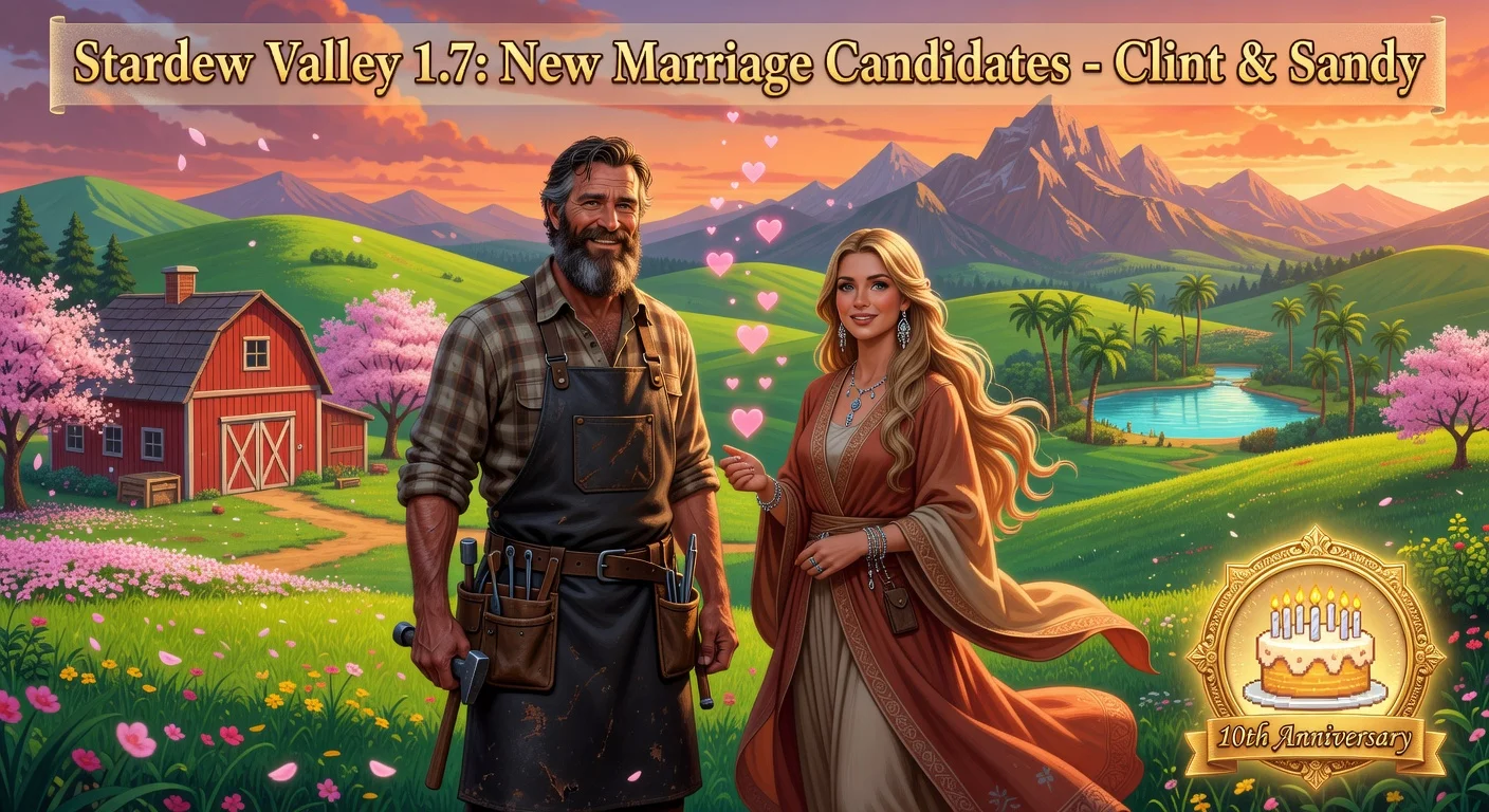 Illustration of Stardew Valley's new marriage candidates Clint and Sandy for the 1.7 update, celebrating the game's 10th anniversary.