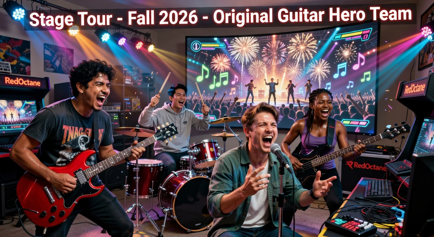 Realistic illustration of players using plastic instruments in the new Stage Tour rhythm game, highlighting multiplayer action and Gibson partnership.