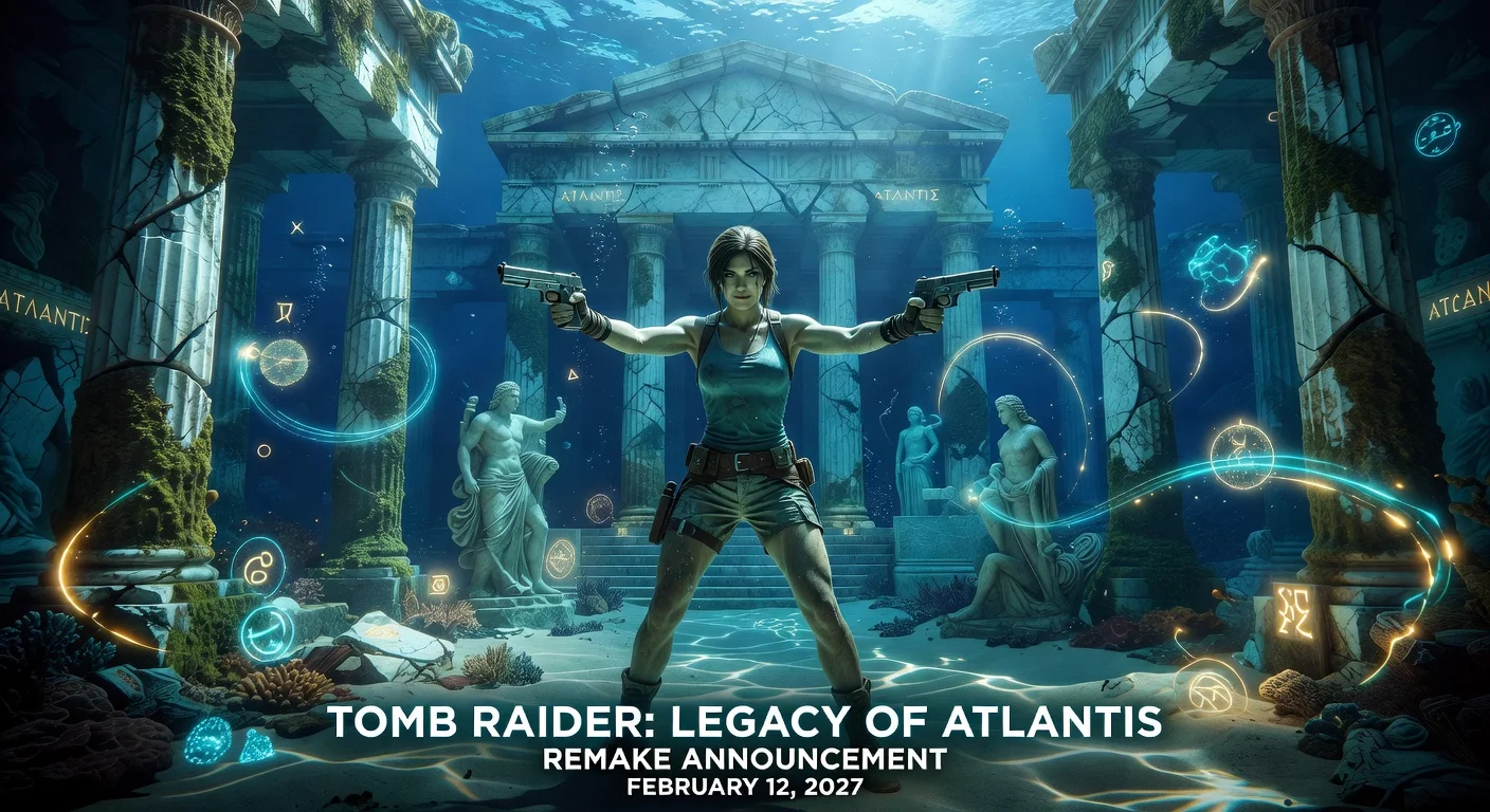 Illustration of Lara Croft in Atlantis ruins for Tomb Raider remake news.