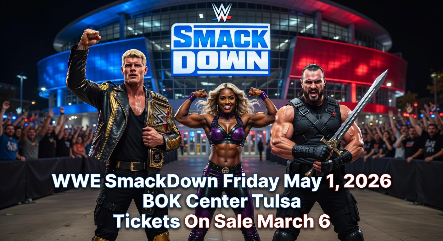 Illustrative poster of WWE SmackDown event at BOK Center in Tulsa on May 1, 2026, featuring stars Cody Rhodes, Drew McIntyre, and Jade Cargill.