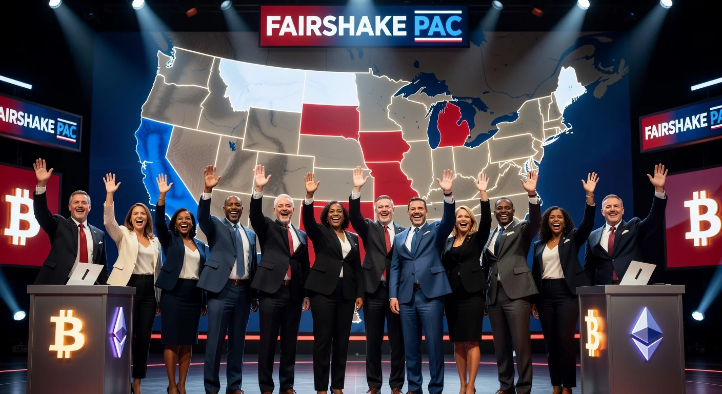 Illustration of crypto PACs sweeping all 11 backed candidates in primaries across California, New Jersey and South Dakota.