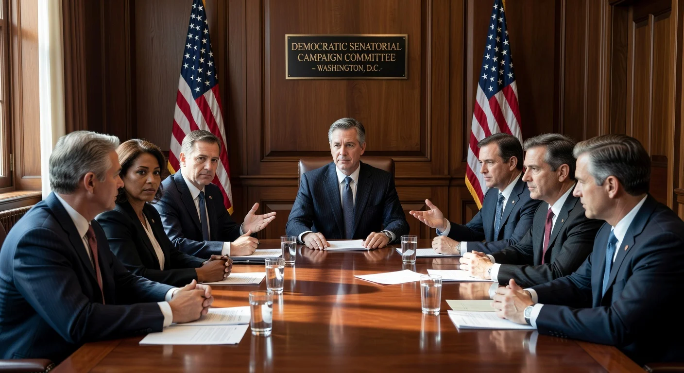 Graham Platner meeting with Democratic senators in a formal Washington conference room amid controversy discussions.