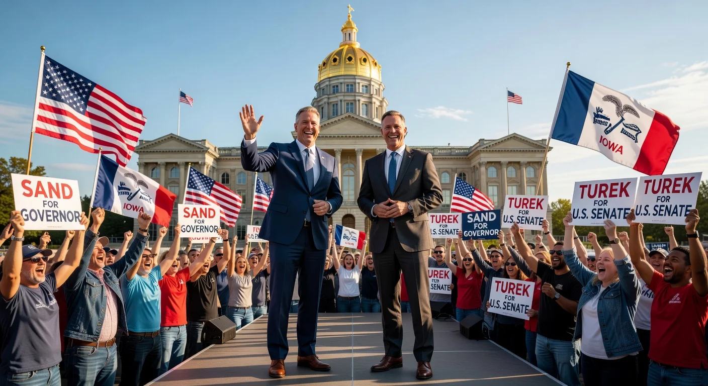 Illustration of Iowa Democratic nominees Rob Sand and Josh Turek celebrating their primary victories.